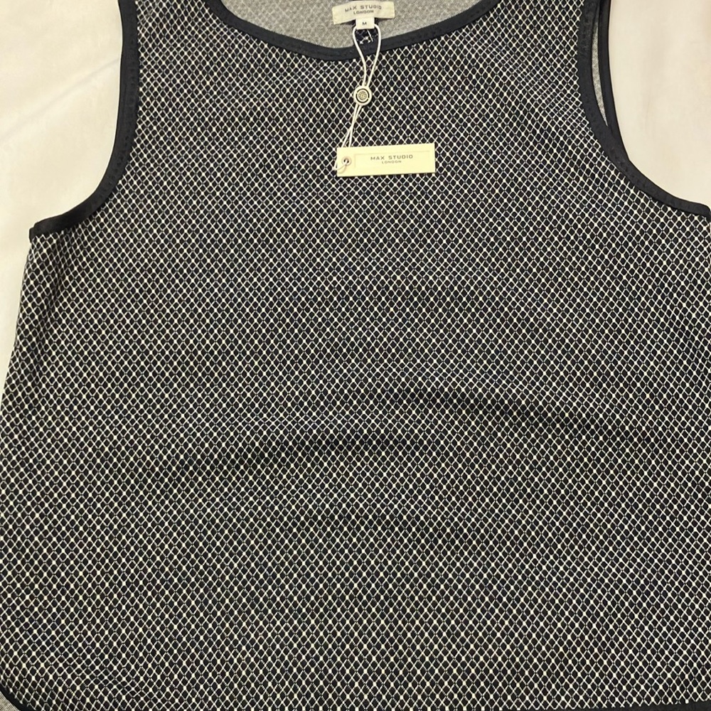 NWT Max Studio Black and White Geometric Tank Top w/ Faux black leather trim